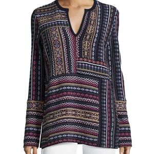 Tory Burch Sweater Navy Fair Isle Jacquard Patchwork Tunic Knit Wool